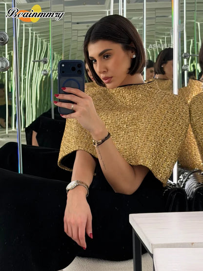 Women Elegant Gold Sparkle Capelet Top Shiny Tweed Shoulder Wrap Turtleneck Short Cloak New Lady Evening Club Party Tops 2026