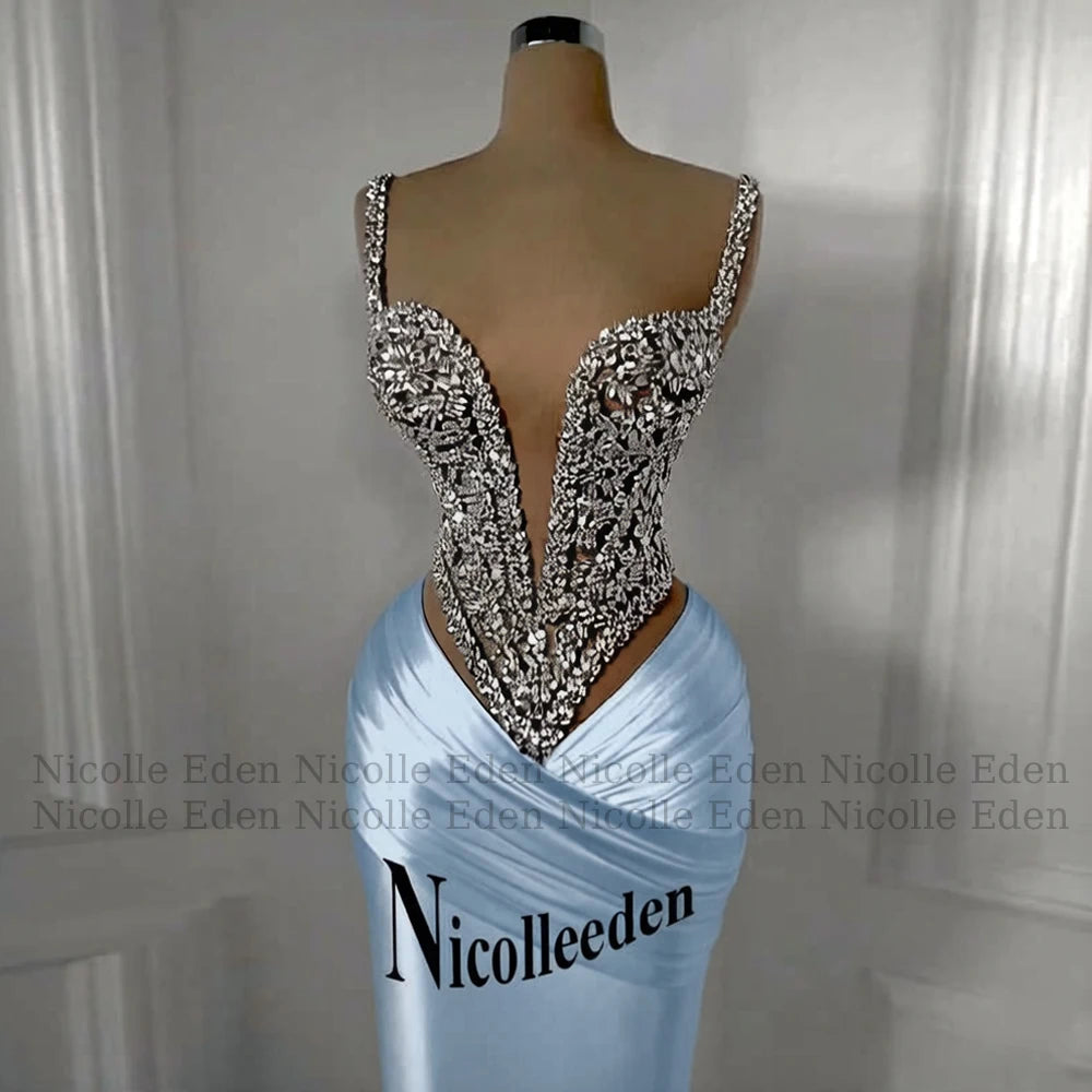 Nicolle Charming Spaghetti Straps Evening Dresses for Women Rhinestones Pageant Celebrity Dresses Vestidos De Gala Customized