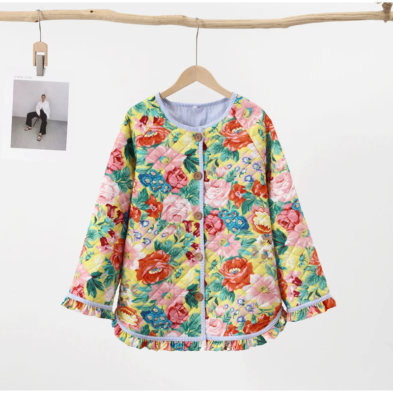 HH Floral Print Jacket For Women Autumn Quilted Reversible Cotton Coat Cardigan Long Sleeve Jackets Elegant Woman Streetwear