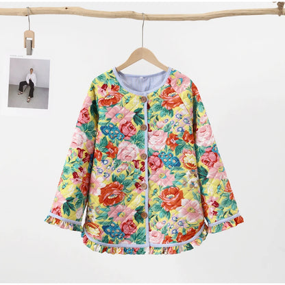 HH Floral Print Jacket For Women Autumn Quilted Reversible Cotton Coat Cardigan Long Sleeve Jackets Elegant Woman Streetwear