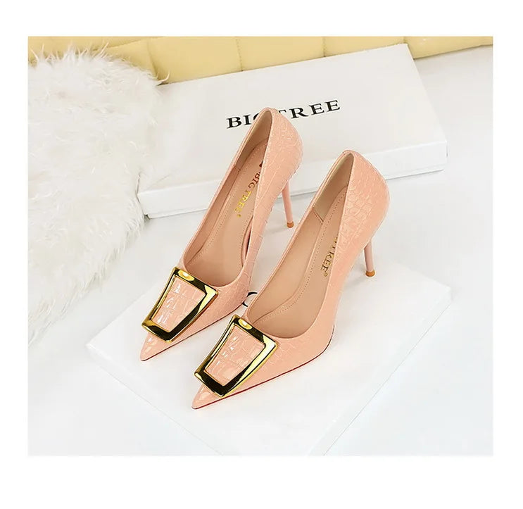 2025 BIGTREE Metal Decoration Buckle Fashion Pumps Women Elegant Snakeskin Print 10cm High Heels Party Ladies Shoes