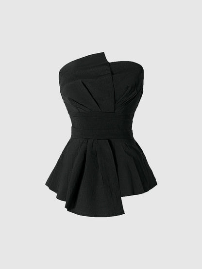 [Elegant] Peplum Strapless Top, Belted Wrap Waist Blouse for Vacation & Commute