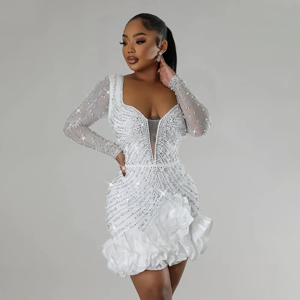 CM.YAYA Spring Women Long Sleeve Ruffles Hot Drilling Bead Short Dress Sexy Night Club Evening Birthday Mini Dresses Vestidos
