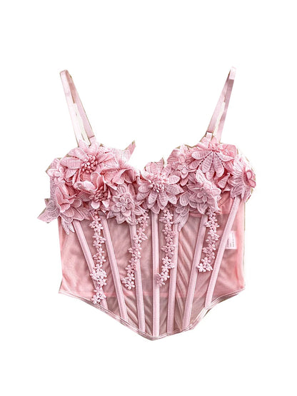 Slimming Floral Lace Crop Top Women's Summer Fashion Fishbone Design Strap Vest Breathable Short Style Sexy European Style