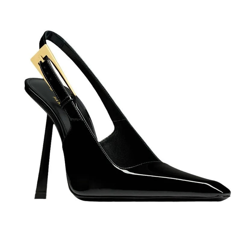 2025 Spring And Summer New Black Patent Leather High Heels Women Slim Heel Shoes Temperament Minority Pointed Sandals