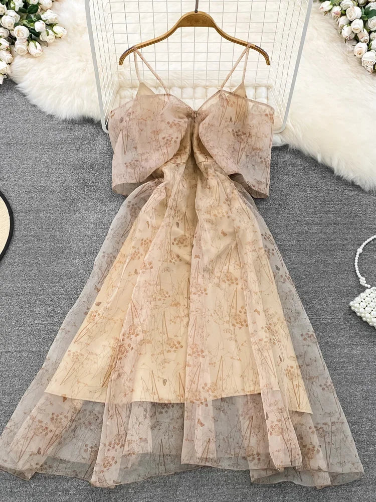 Women Elegant Bow Sexy Chiffon Print A-line Dress Summer One Shoulder High Waist Slim Vintage Seaside Party Vacation Robe