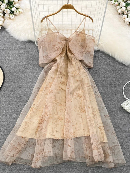 Women Elegant Bow Sexy Chiffon Print A-line Dress Summer One Shoulder High Waist Slim Vintage Seaside Party Vacation Robe