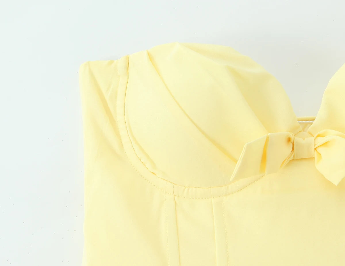 3 colors Sexy Wire Chest Boning Slim Waist Long Strapless Dress Women Cross Lacing up Back Ruched Hem Swing Party Vestido Yellow