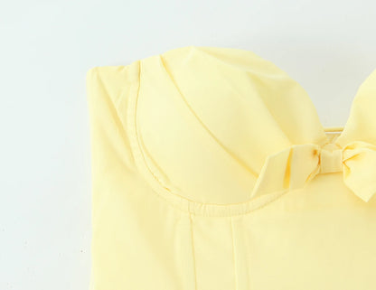 3 colors Sexy Wire Chest Boning Slim Waist Long Strapless Dress Women Cross Lacing up Back Ruched Hem Swing Party Vestido Yellow