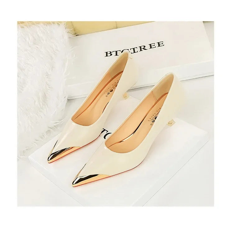 BIGTREE Retro Shallow Metal Pointed Toe High Heels Women Pumps  Stripper Elegant Party Thin Low Heels Black Heels Shoes