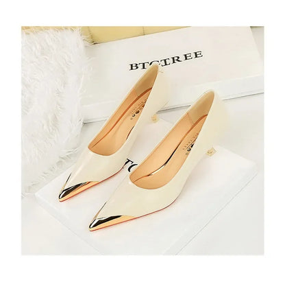 BIGTREE Retro Shallow Metal Pointed Toe High Heels Women Pumps  Stripper Elegant Party Thin Low Heels Black Heels Shoes