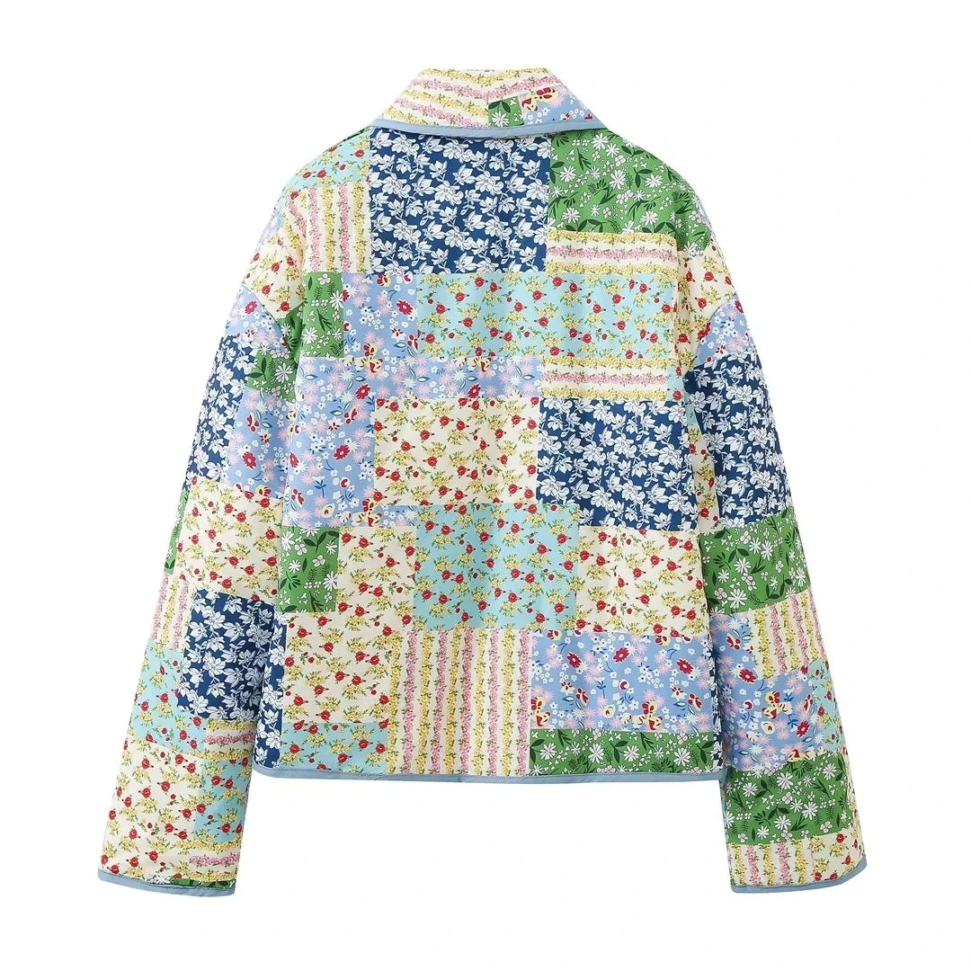 HH Floral Print Jacket For Women Autumn Quilted Reversible Cotton Coat Cardigan Long Sleeve Jackets Elegant Woman Streetwear