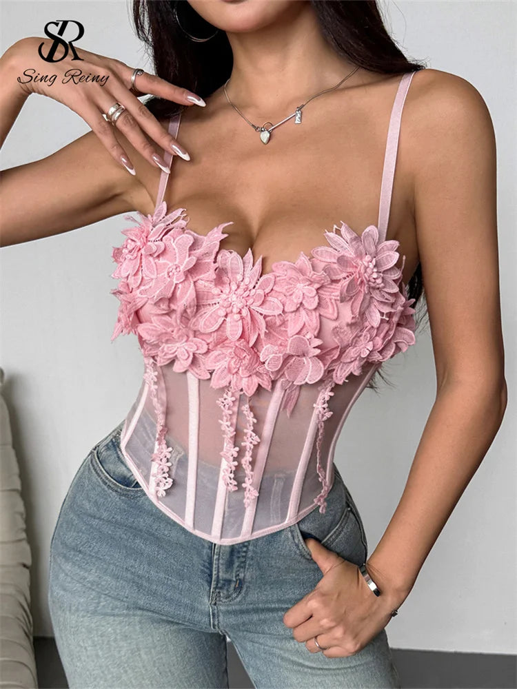 SINGREINY Sheer Gauze 3D Flowers Corset Women Pink Sexy Straps Slim Tops Fashion Streetwear Ladies Short French Chic Sweet Camis