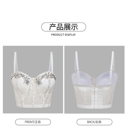 Fashion 2025 Women's Bikins White Diamonds Sling Feminine Short Crop Top Bungee Underwear Tank Tops Sexy Stage Costume Bras