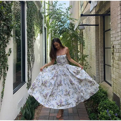Chic Flower Print A-line Maxi Dress Women Elegant High Waist Strapless Backless Slim Vestidos Lady Summer Vacation Robes LIX8
