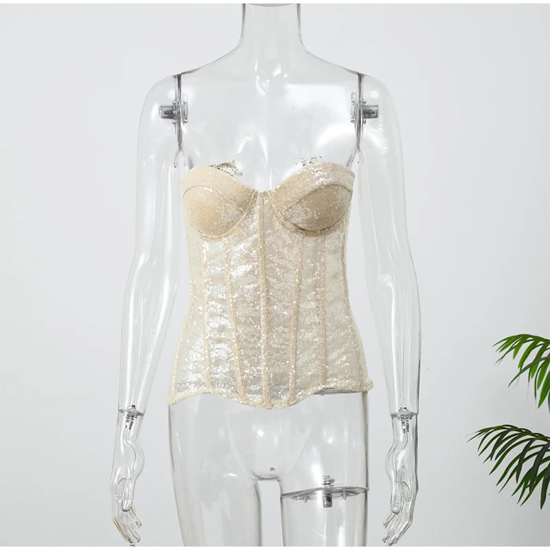 Sexy Sequin Lace Up Shell Corset Women Chic Strapless Backless Off Shoulder Bodycon Waist Cinching Vest New Lady High Street Top