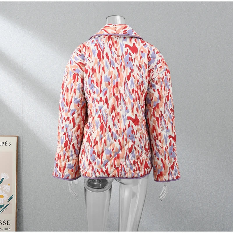 HH Floral Print Jacket For Women Autumn Quilted Reversible Cotton Coat Cardigan Long Sleeve Jackets Elegant Woman Streetwear