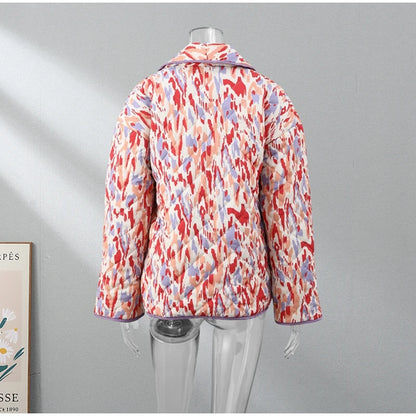 HH Floral Print Jacket For Women Autumn Quilted Reversible Cotton Coat Cardigan Long Sleeve Jackets Elegant Woman Streetwear