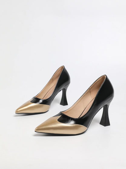 Genuine Leather French-Style Pointed-Toe Low-Cut Sexy Flats, New Color-Block Fashion Versatile Elegant High Heels