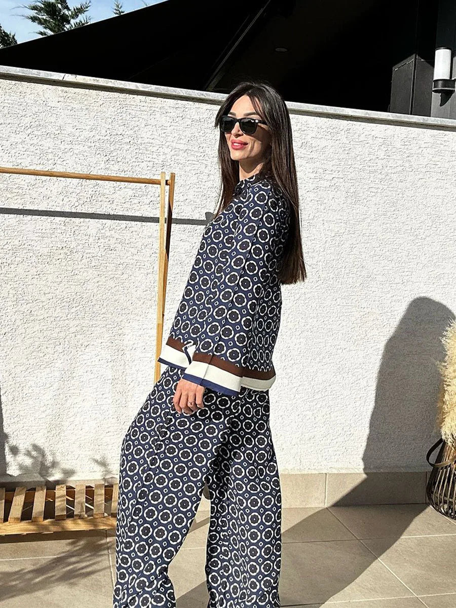 Street Casual Printed Pantsuit Two Piece Set Spring Women Long Sleeveless Shirt+High Waist Print Straight Pants Female Outfit