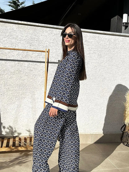 Street Casual Printed Pantsuit Two Piece Set Spring Women Long Sleeveless Shirt+High Waist Print Straight Pants Female Outfit