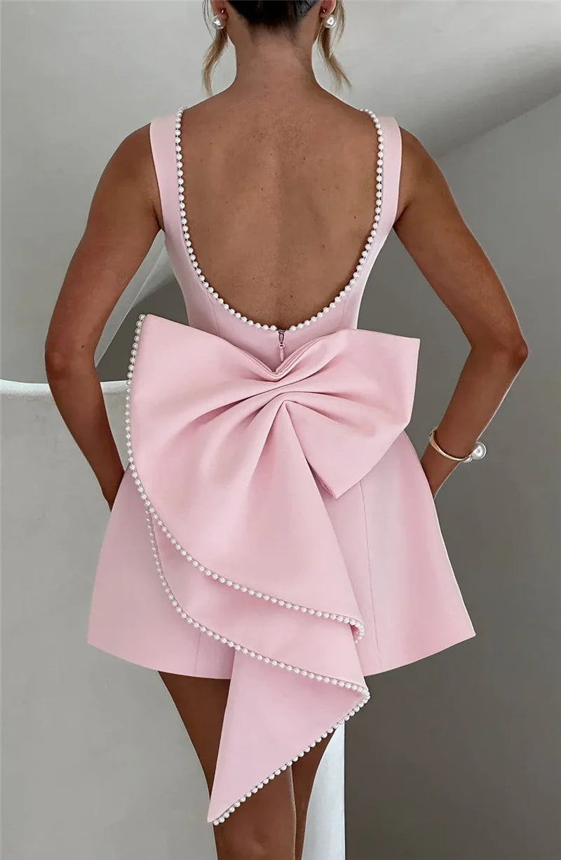 Mozision Pearl Bow Backless Sexy Mini Dress For Women Robe Fashion Zipper Sleeveless High Waist A-line Club Party Dress Elegant