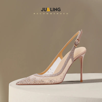 New Baotou sexy sandals with one buckle and summer mesh, rhinestone high heels for women, slim heels, shallow mouth