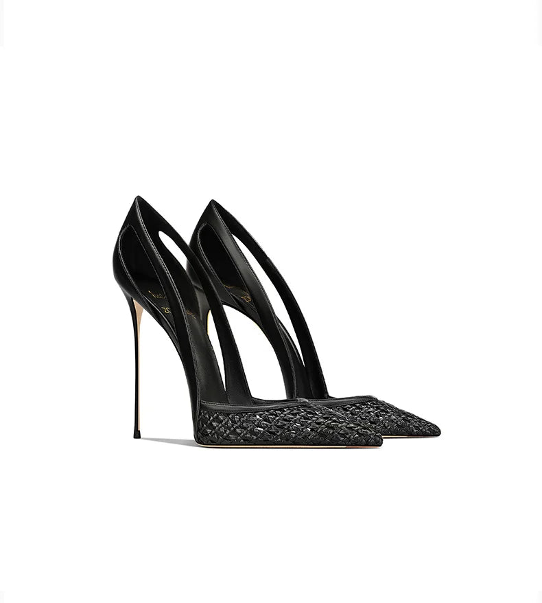 Summer New Women's Black Leather Woven Fashionable and Sexy Pointed Thin Heel High-heeled Shoes