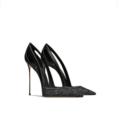 Summer New Women's Black Leather Woven Fashionable and Sexy Pointed Thin Heel High-heeled Shoes