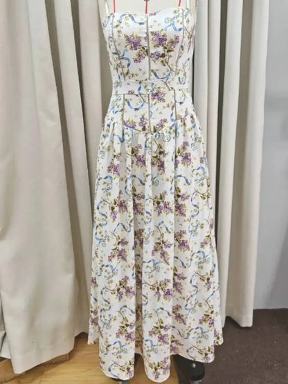 Chic Flower Print A-line Maxi Dress Women Elegant High Waist Strapless Backless Slim Vestidos Lady Summer Vacation Robes LIX8