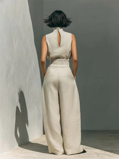 Women Summer Fashion Casual Loose Solid Suit Cotton Linen Set Sleeveless Tops Wide Leg Pants Office Ladies 2 Piece Sets 2026