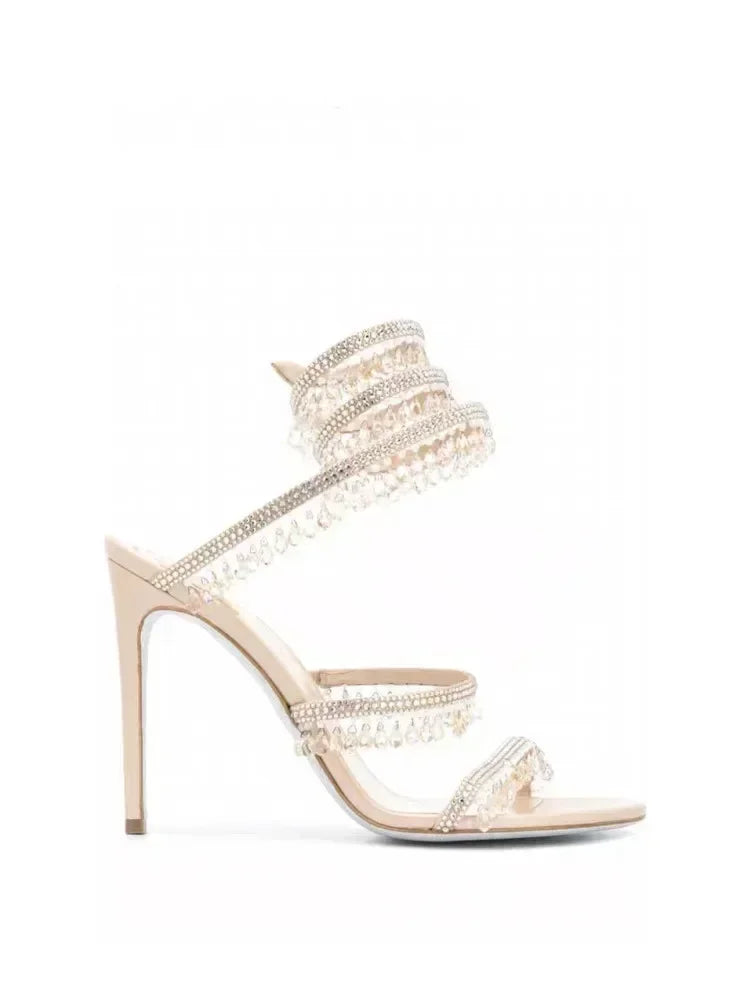 2024Women's New Water Diamond Sandals Fashion Tassel Crystal Shoes Sexy Banquet Party Twin Stiletto Women's Large Sandals