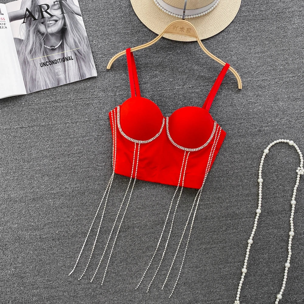 Women Chic Tassels  Pads Rhinestone Basic  Corset Straps Camis Slim  Hot Sexy Fashion Bare NavelBackless Tops Women Crop Top