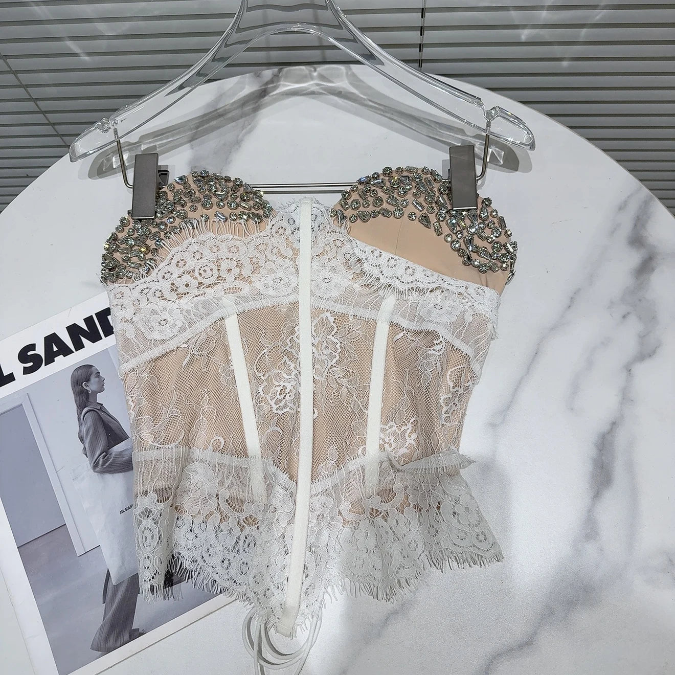 Summer 2026 Sexy Spicy Girl Heavy Work Rhinestone Nail Fishbone Waist Cinch Strapless Tube Top Tank Original Design Lace Trim...