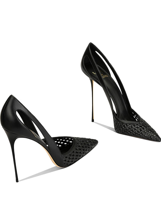 Summer New Women's Black Leather Woven Fashionable and Sexy Pointed Thin Heel High-heeled Shoes
