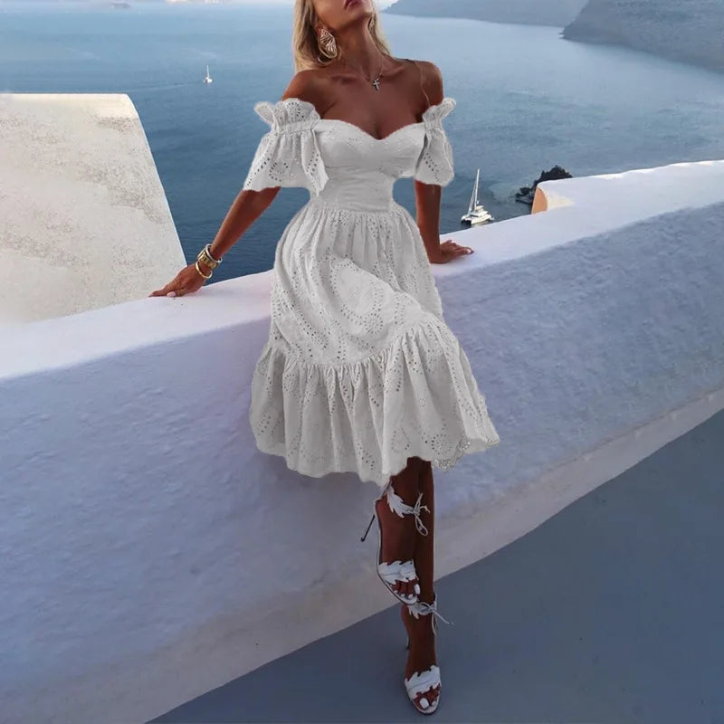 Dress Women Off Shoulder Mid Length Dresses Solid Dot Sexy Splice Tight High Waist V Neck A Line Elegant Slim Fit Vestidos