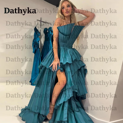 Dathyka Pleats Prom Dress Satin A Line Evening Dress High Slit Tiered Party Dress For Women Strapless Robe De Mariee Customised