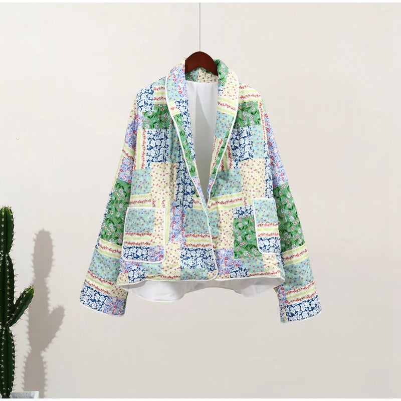 HH Floral Print Jacket For Women Autumn Quilted Reversible Cotton Coat Cardigan Long Sleeve Jackets Elegant Woman Streetwear