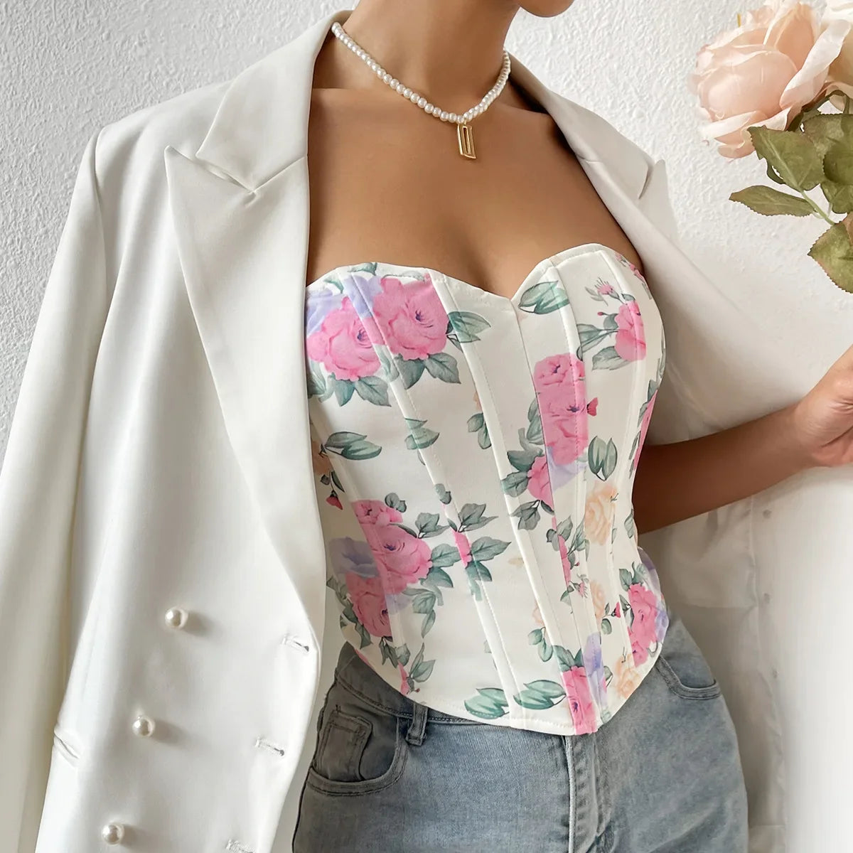 Women Floral Top Sexy Spicy Girl Tank Top Low cut Open Back Flower Wrapped Chest Diamond Fish Bone Strap Waist Vest Tank Top Y2K
