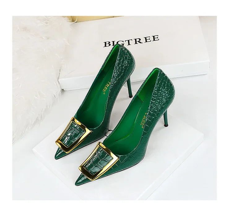 2025 BIGTREE Metal Decoration Buckle Fashion Pumps Women Elegant Snakeskin Print 10cm High Heels Party Ladies Shoes