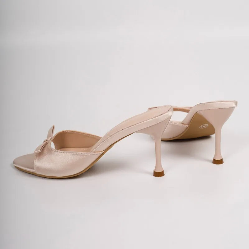 Designer Thin High Heel Summer Women Slippers Fashion Satin Butterfly-knot Dress Slides Ladies Sexy Stripper Party Sandals