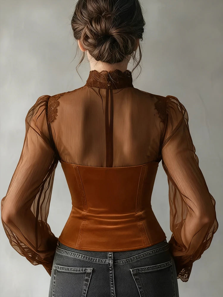 Women's Spring/Fall 2026 New Arrival Elegant Lace-Panel Cutout Bell-Sleeve Tie-Waist Top Everyday Lace-Panel Design