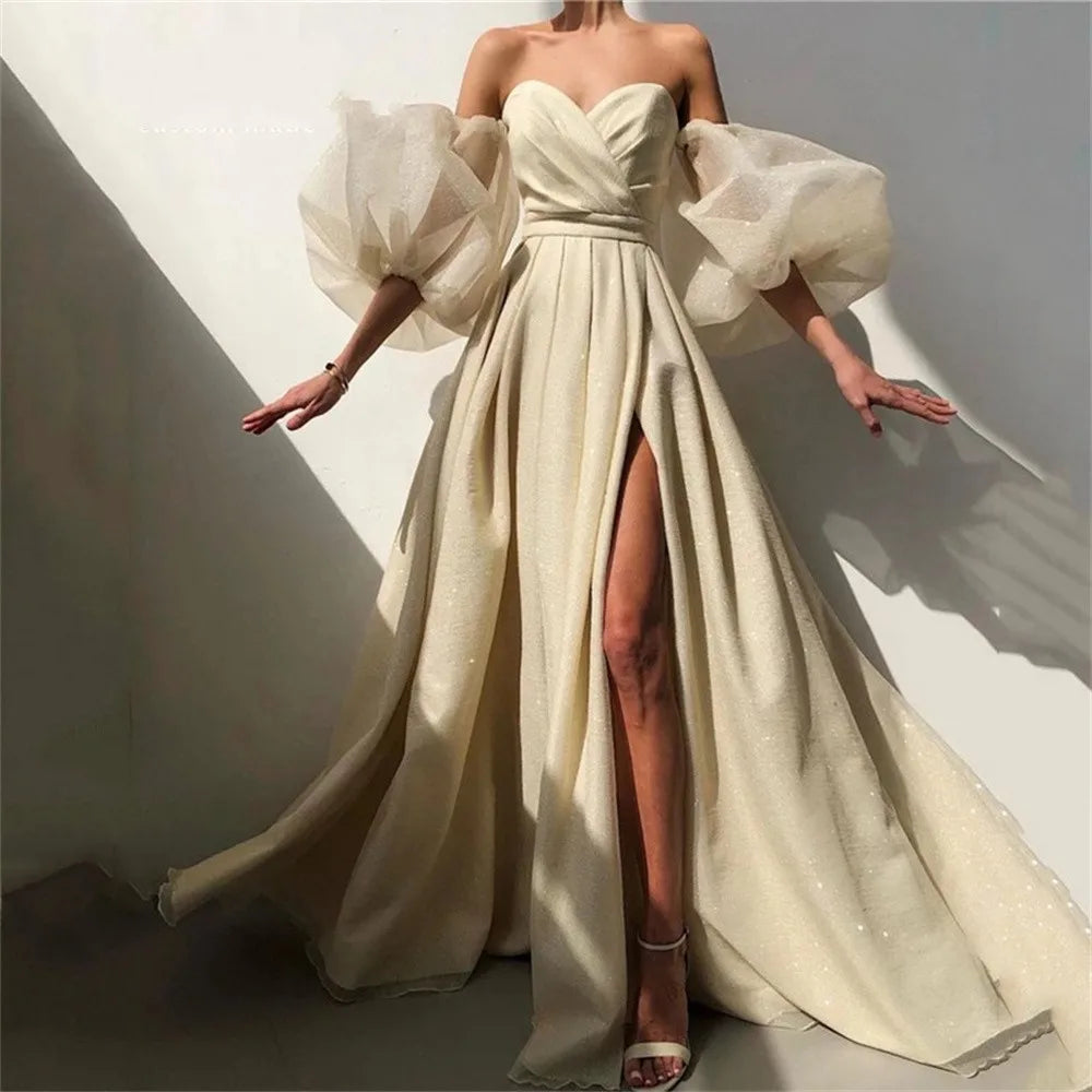 New Attractive A-Line Prom Dress Customized High Split-Front Evening Gown Backless Party Dress Short Puff Sleeve Robes De Soirée
