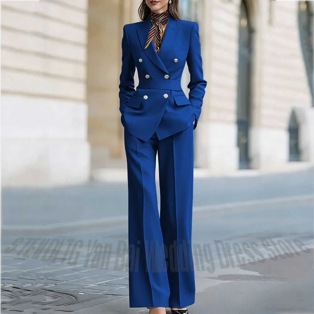 Customized Straight Women's Suits Two Pieces Classic Double Breasted Solid Color High Street Business Casual Office Suit Set