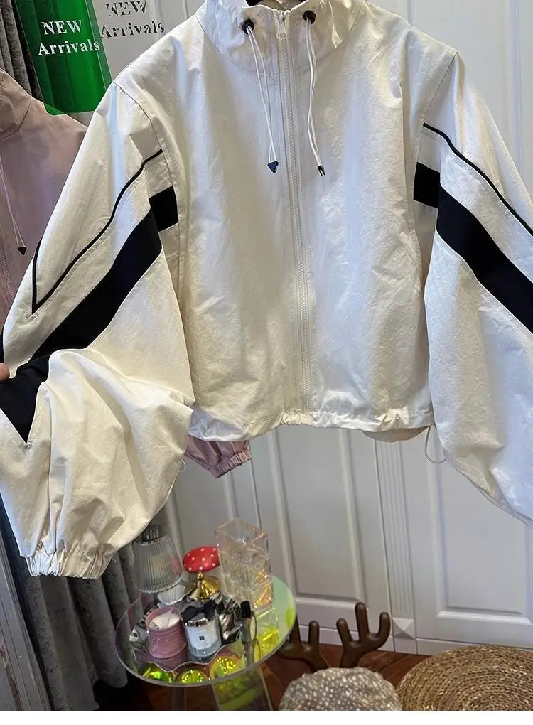 American retro drawstring black and white contrast stitching coat women's autumn new loose leisure sports baseball uniform