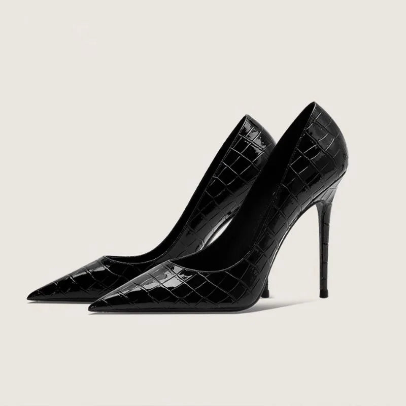 Patent Leather Plaid Pointed Toe High Heels Women's New French Sexy Stiletto Versatile Temperament Single Shoes