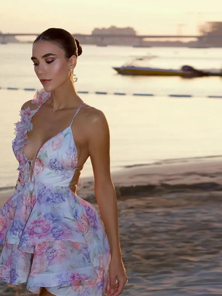 Floral Print Fuffy Short Dress Lace Up Slim Fit Strap Gown 3D Flower Bud Skirt Hemline Halter Backless Beach Suspender Dresses