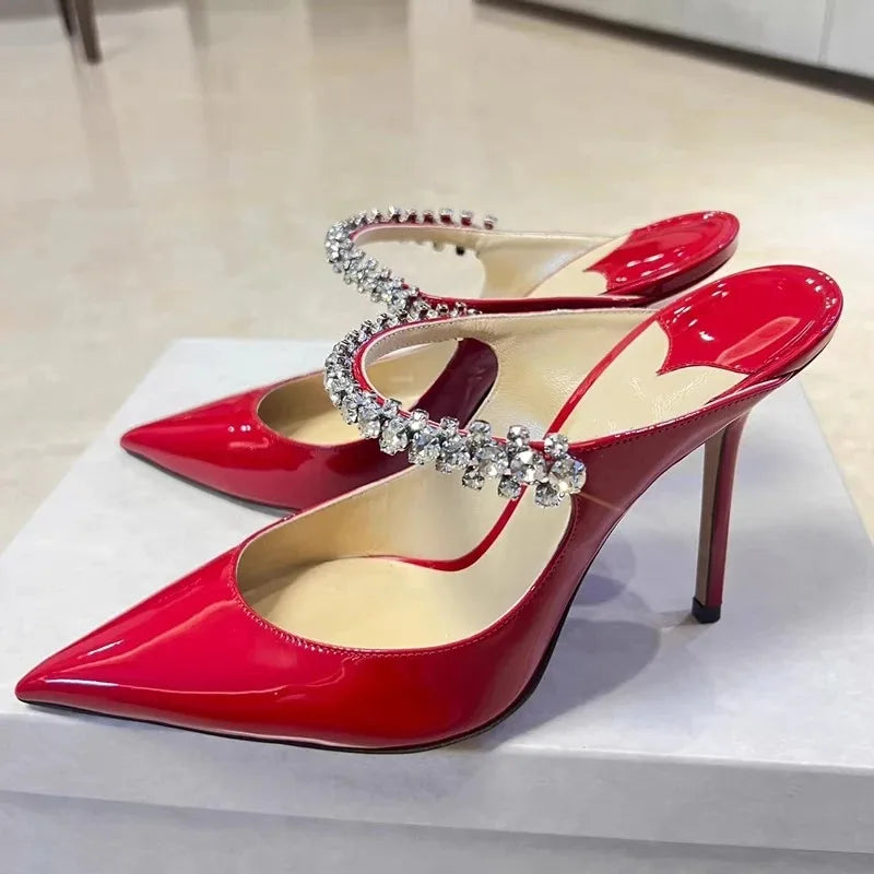 Women's Sandals 2026 New High Heels Fashion Water Diamond Chain Banquet Pointed Fine Heels Women's Muller Shoes