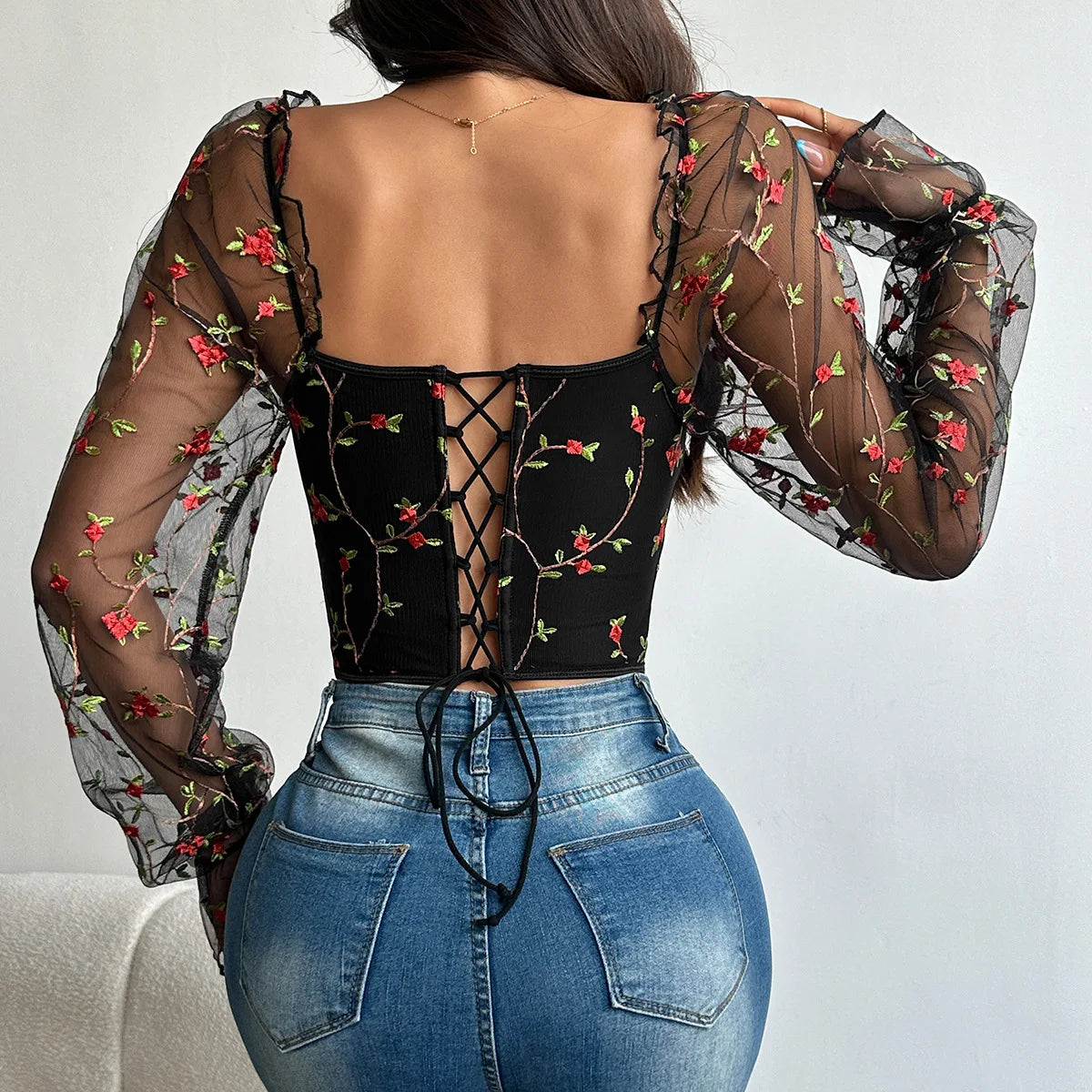 Sexy Spicy Girl Mesh Long Sleeve Corsets Shaper Flower Embroidery Bustiers Fishbone Slim Fit Fashion Versatile Women Corset Top