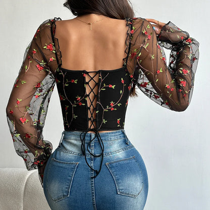 Sexy Spicy Girl Mesh Long Sleeve Corsets Shaper Flower Embroidery Bustiers Fishbone Slim Fit Fashion Versatile Women Corset Top